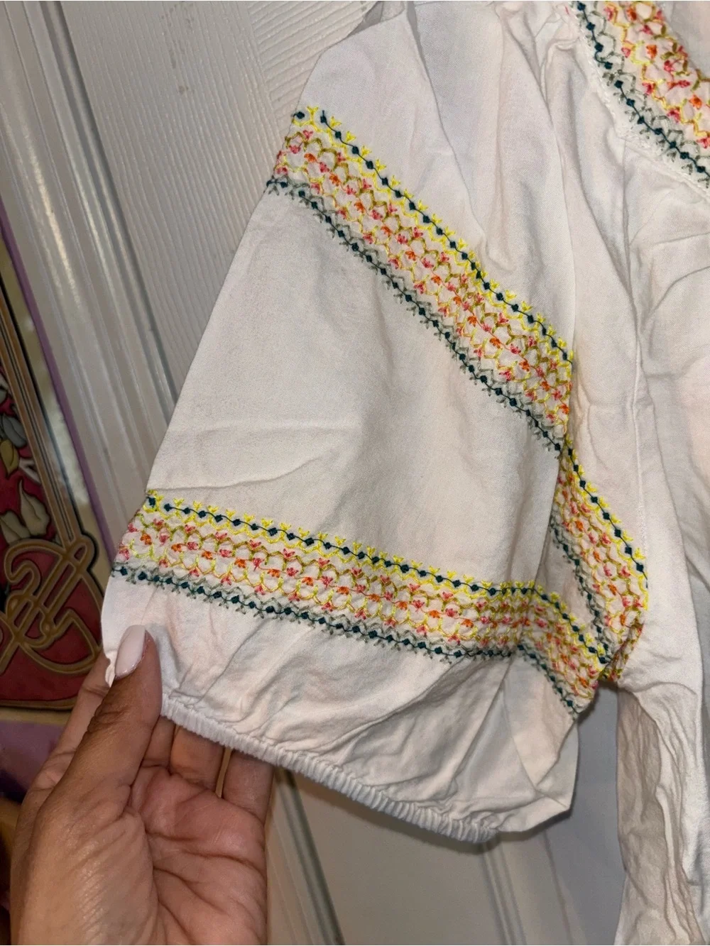 LOFT White Peasant Top with Multicolor Embroidered Trim